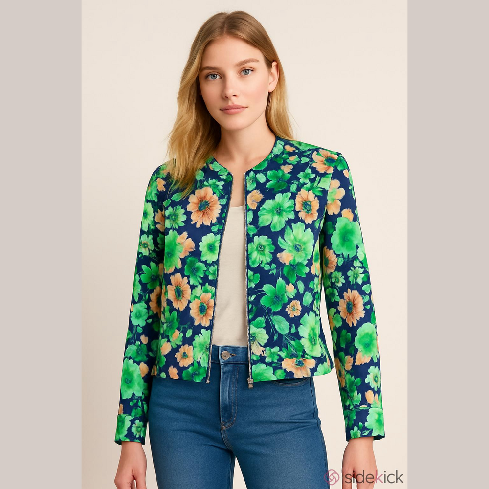 NYCC Women's Bomber Jacket Green and Blue Floral Large